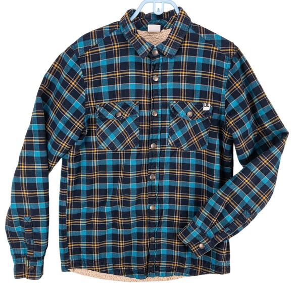 DC Shoes Flannel Jacket Men's Small Fleece Lined Plaid Blue Yellow Snaps - Picture 1 of 11
